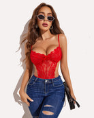 Red lace V-neck cut-out one-piece with underwire cups and lace overlay front