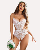 White lace V-neck cut-out one-piece with underwire cups and bow detail