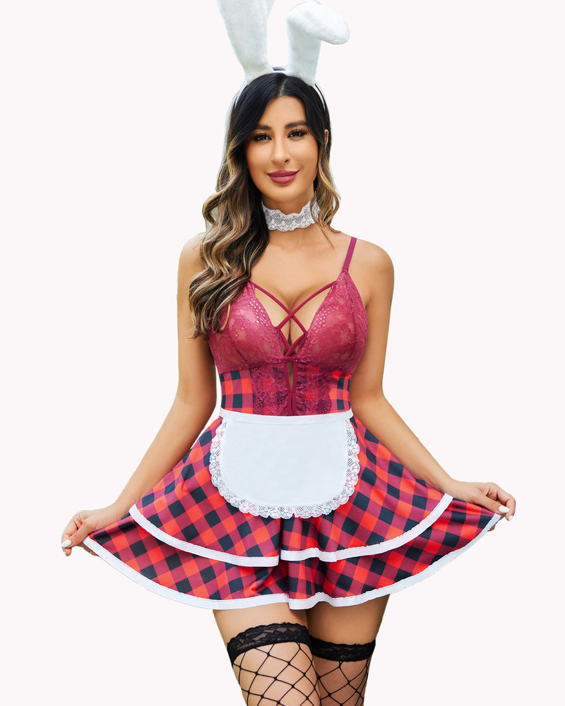 Maid babydoll dress with burgundy lace bodice and red plaid skirt with white apron