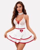 White lace maid babydoll dress with red trim, choker, and nurse-cross apron