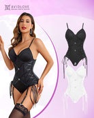 Corset garter teddy set, black and white with underwire cups and dangling ties