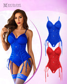Corset garter teddy set, blue and red with underwire cups and dangling garter ties