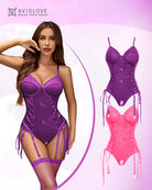 Corset garter teddy set, purple and pink with underwire cups and dangling garter ties