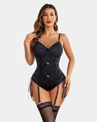 Black corset garter teddy lingerie with underwire cups, lace garter trim, and tie tassels