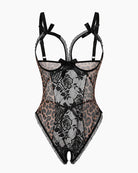 Leopard-print lace mini bodysuit with black bow straps and lace front
