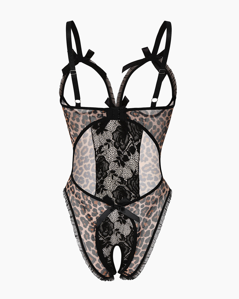 Leopard lace mini bodysuit, black mesh with leopard print sides and lace center panel