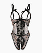 Black leopard lace mini bodysuit with rose panels and sheer mesh sides