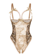 Beige lace mesh open-cup crotchless teddy with leopard sides and bow straps
