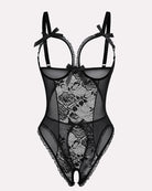 Black crotchless lace mini bodysuit with scalloped lace trim and bow shoulder ties