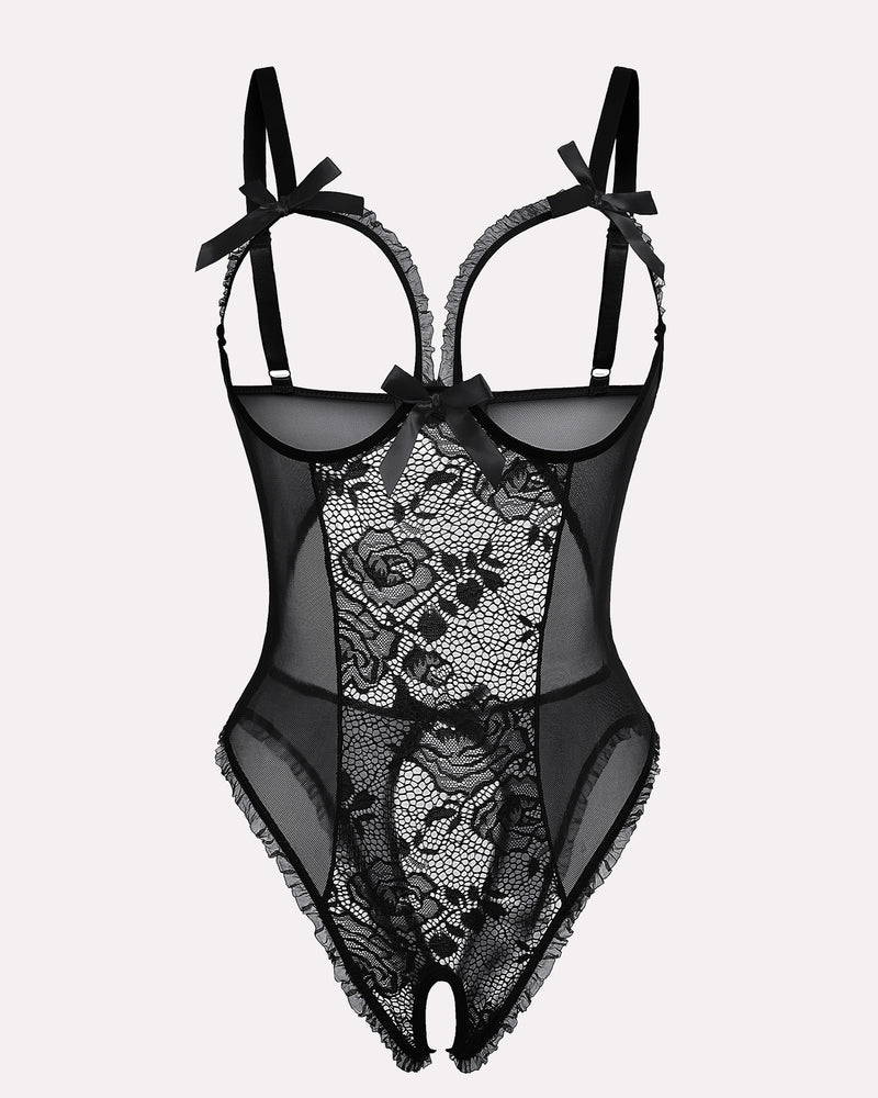 Black crotchless lace mini bodysuit with scalloped lace trim and bow shoulder ties