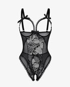 Black mesh and lace crotchless one-piece with bow garter straps