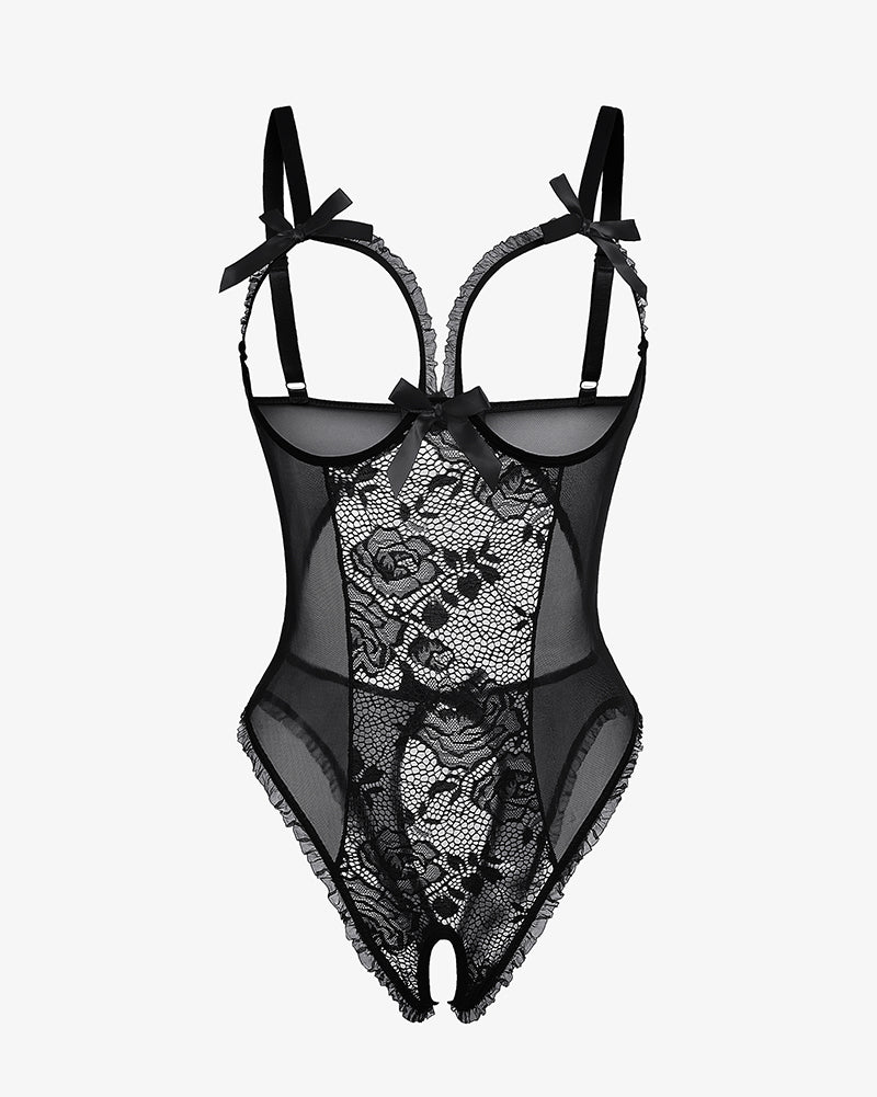 Black lace mini bodysuit with underwire cups, bow straps, and sheer mesh panel detail