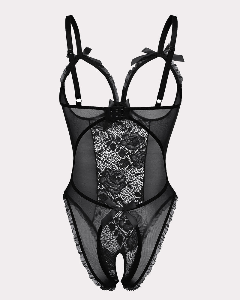 Black crotchless lace mini bodysuit with lace center panel and bow shoulder straps