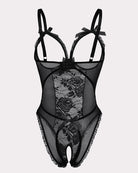 Black crotchless lace mini bodysuit with lace center panel and bow shoulder straps