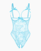 Lace mini bodysuit, light blue sheer lace with bow straps