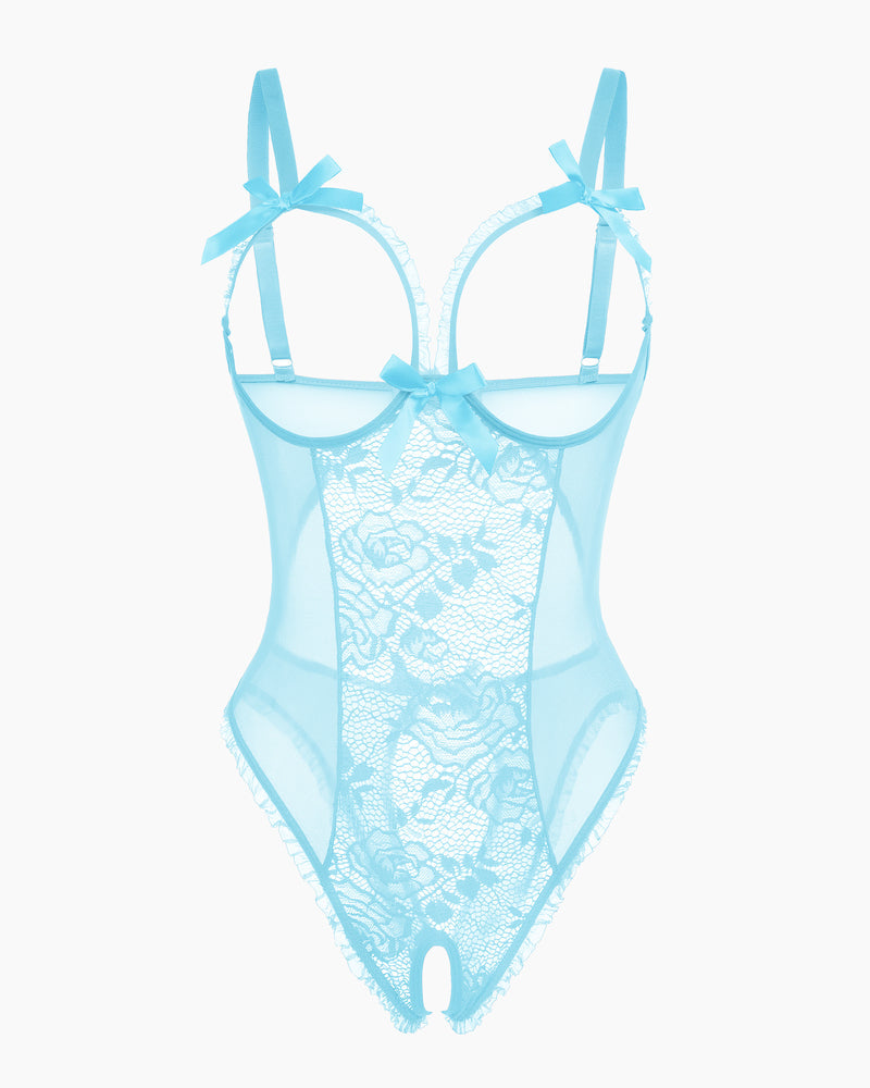 Lace mini bodysuit, light blue sheer lace with bow straps