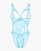 Lace mini bodysuit, light blue sheer lace with bow straps and layered panels