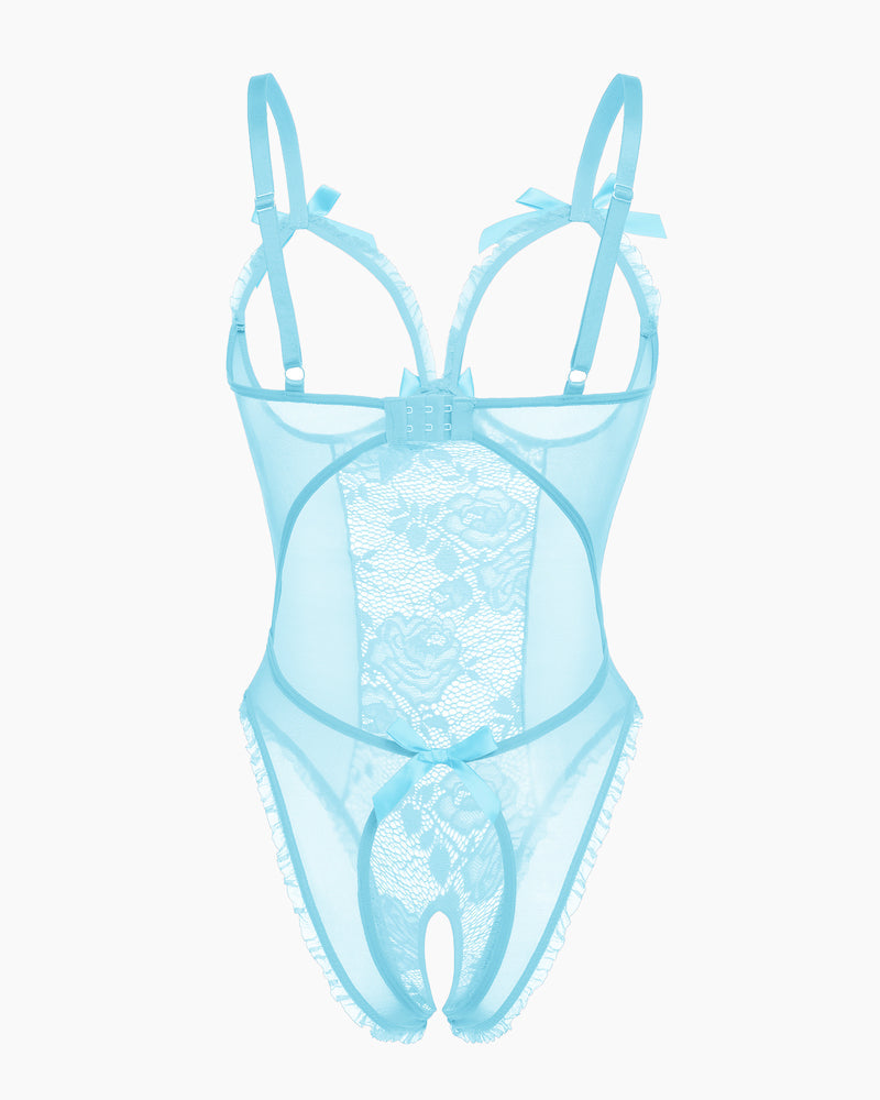 Lace mini bodysuit, light blue sheer lace with bow straps and layered panels