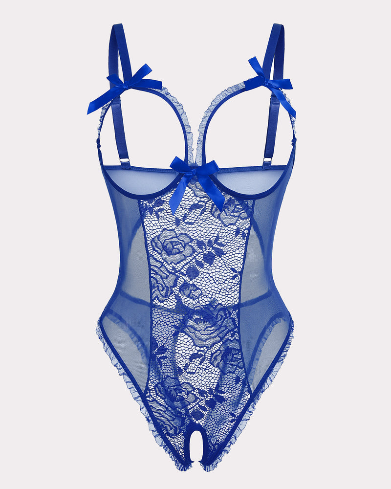 Blue lace mini bodysuit with underwire cups, ribbon bows, sheer panels, open crotch