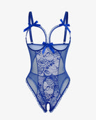 Blue lace mini bodysuit with underwire cups, bow straps, and sheer mesh front panel