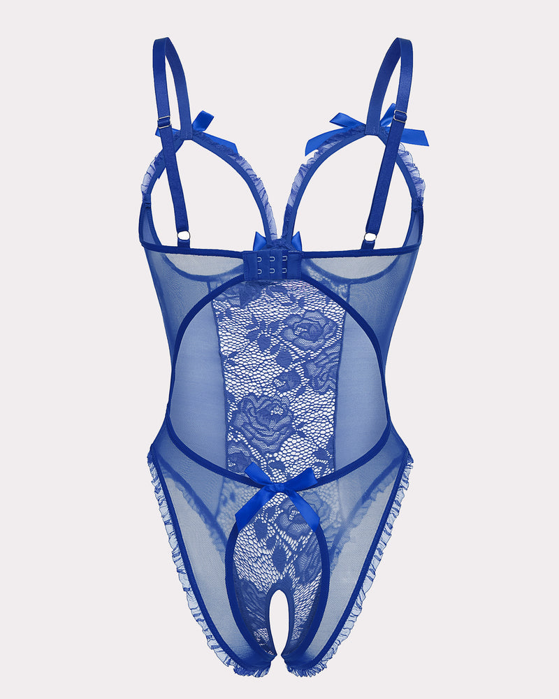 Royal blue crotchless lace mini bodysuit with lace center panel and bow shoulder ties