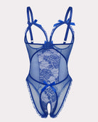 Royal blue crotchless lace mini bodysuit with lace center panel and bow shoulder ties