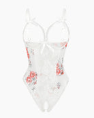 Floral lace mini bodysuit, white base with red rose print, bow-back ribbon straps
