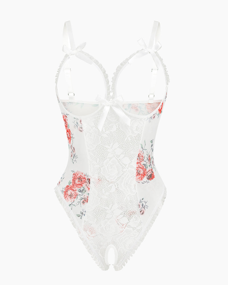 Floral lace mini bodysuit, white base with red rose print, bow-back ribbon straps