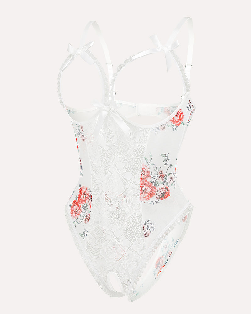 Floral lace mini bodysuit, white lace with pink-red rose print and bow straps