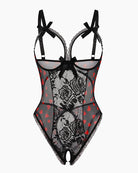 Black lace mini bodysuit with red heart pattern and sheer center panels