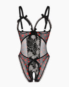 Black lace mini bodysuit with red hearts and rose appliqué in center