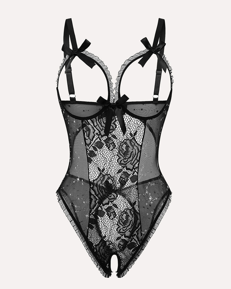 Black lace mini bodysuit with bow-trim straps and floral lace center panel