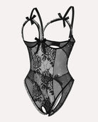 Black sheer lace mini bodysuit with glitter dots, bow straps, and scalloped trim
