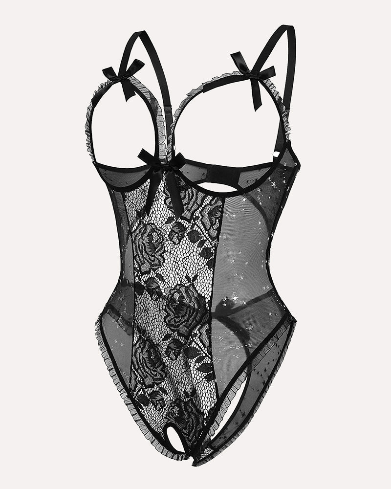 Black sheer lace mini bodysuit with glitter dots, bow straps, and scalloped trim