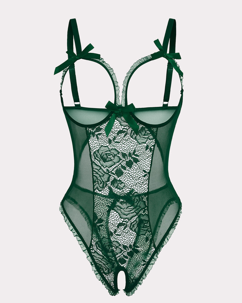 Dark green crotchless lace mini bodysuit with sheer mesh and scalloped lace trim