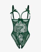 Green lace mini bodysuit with underwire cups, bow straps, and sheer mesh front panel