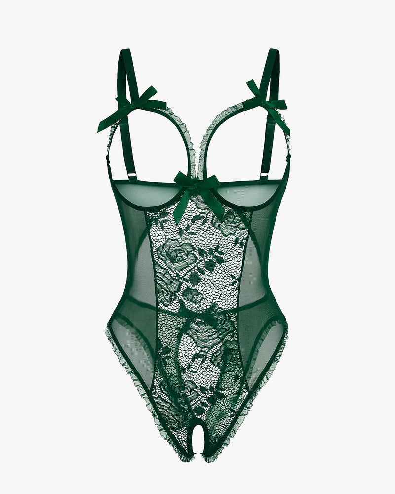 Green mesh and lace crotchless one-piece with bow garter straps