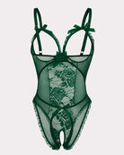 Dark green crotchless lace mini bodysuit with lace center panel and open back straps