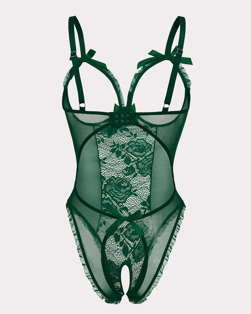Dark green crotchless lace mini bodysuit with lace center panel and open back straps