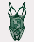 Green lace mini bodysuit with lace center panel, underwire cups, ribbon bows, open crotch