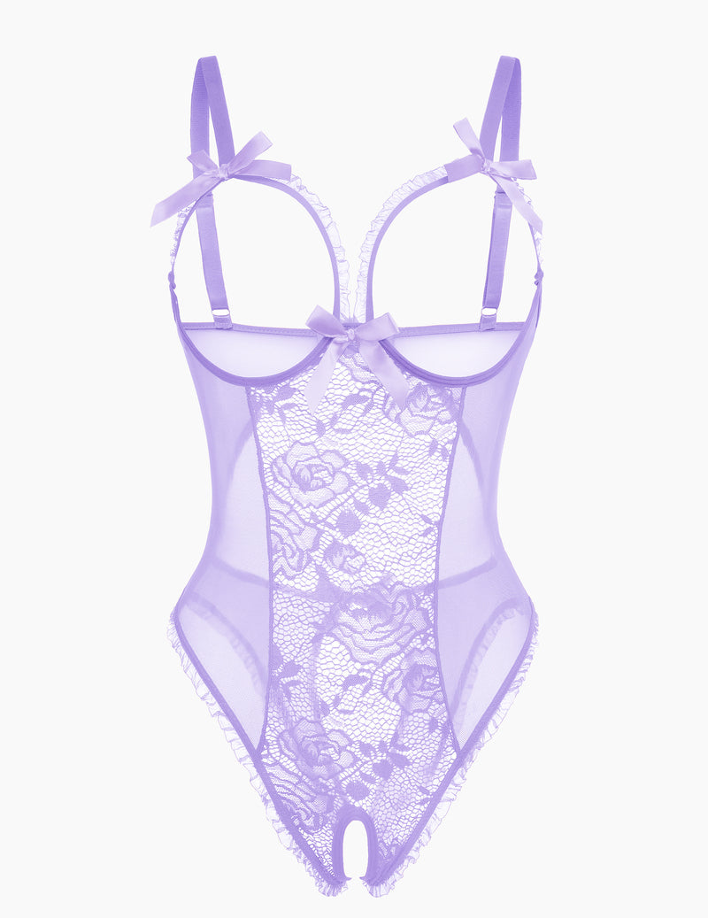 Purple lace mini bodysuit with bow straps and floral lace front