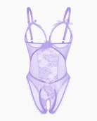 Purple lace mini bodysuit with bow straps and sheer high-cut design