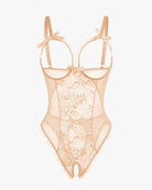 Nude lace mini bodysuit with bow straps and floral lace front