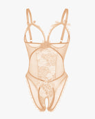Nude lace mini bodysuit with underwire cups, crisscross straps, and sheer mesh panels