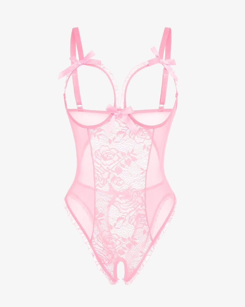 Pink lace mini bodysuit with underwire cups, bow straps, and sheer mesh front panel