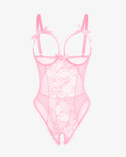 Pink lace mini bodysuit with underwire cups, bow straps, and sheer mesh front panel