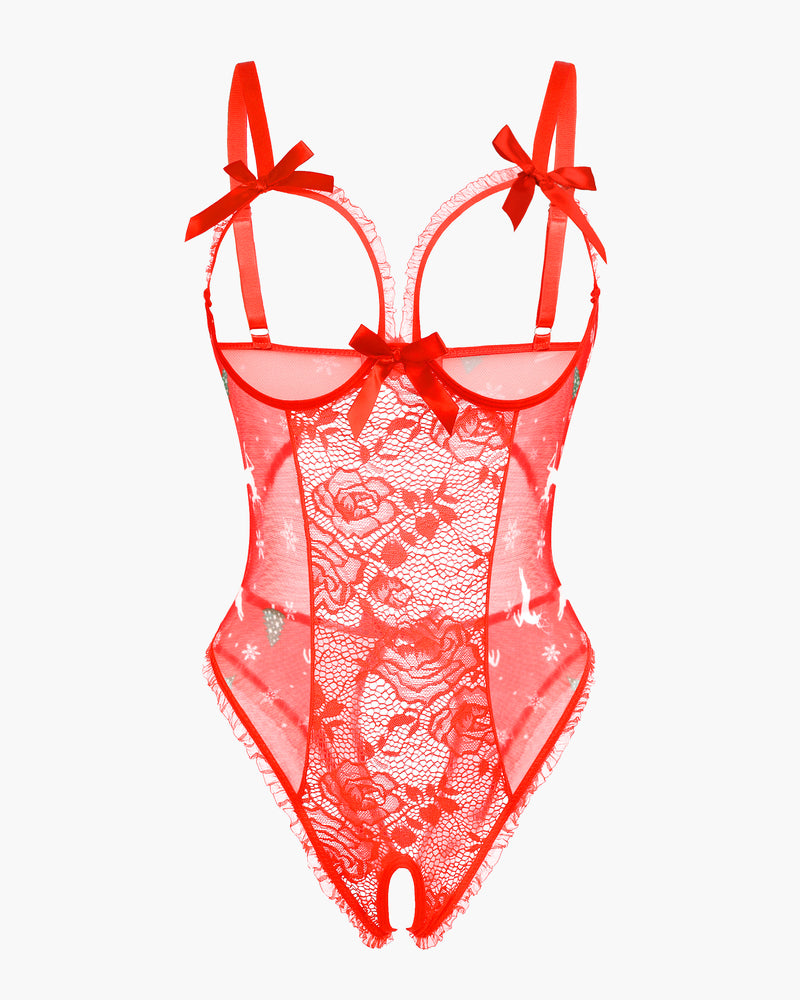 Red lace mesh open-cup crotchless teddy with bow-tied straps