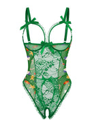 Green lace mesh open-cup crotchless teddy with holiday print and bow straps