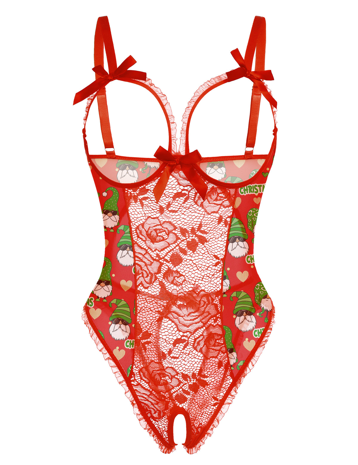 Red lace mesh open-cup crotchless teddy with elf and heart holiday print, bow straps