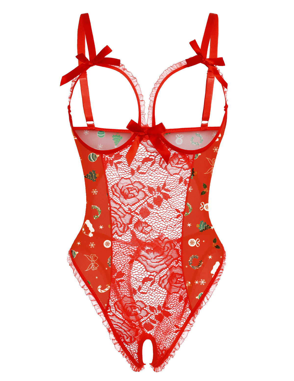 Red lace mesh open-cup crotchless teddy with bow-tied straps and holiday print